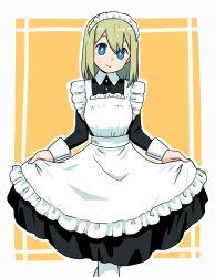 Rule 34 | 1girl, alternate costume, apron, black dress, blue eyes, closed mouth, collared dress, commentary request, curtsey, dress, enmaided, feet out of frame, frilled apron, frills, green hair, hair between eyes, highres, looking at viewer, maid, maid apron, maid headdress, muu (mumumer), orange background, original, pantyhose, smile, solo, standing, standing on one leg, two-tone background, white apron, white background, white pantyhose, yunomiya agari