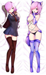 Rule 34 | animal ears, arm behind head, bed sheet, black dress, black panties, black thighhighs, blue legwear, blush, grabbing another&#039;s breast, breasts, cleavage, dakimakura (medium), dress, fate/grand order, fate (series), from above, full body, grabbing, hair over one eye, jacket, khibiki (brequiem), looking at viewer, lying, mash kyrielight, mash kyrielight (dangerous beast), medium breasts, multiple views, navel, necktie, official alternate costume, on back, open clothes, open jacket, open mouth, panties, pink hair, pleated dress, purple eyes, red necktie, short dress, short hair, short necktie, tail, thighhighs, underwear, wolf ears, wolf tail, zettai ryouiki