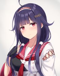 Rule 34 | 1girl, ahoge, black gloves, blush, closed mouth, fingerless gloves, gloves, hair flaps, highres, japanese clothes, kantai collection, long hair, low twintails, monoku, neckerchief, pink sailor collar, purple hair, red eyes, red neckerchief, ryuuhou (kancolle), ryuuhou kai ni (kancolle), sailor collar, solo, taigei (kancolle), twintails, upper body, wide sleeves