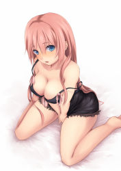 Rule 34 | 1girl, bare shoulders, bit (artist), bit (keikou syrup), blue eyes, blush, breasts, chemise, cleavage, collarbone, covering privates, covering crotch, large breasts, long hair, looking at viewer, megurine luka, naked shirt, off shoulder, open mouth, pink hair, shirt, sitting, solo, strap slip, v arms, very long hair, vocaloid, wariza