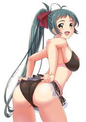 Rule 34 | 1girl, adjusting clothes, adjusting swimsuit, antenna hair, ass, bikini, bikini skirt, black bikini, breasts, commentary request, cowboy shot, from behind, green eyes, green hair, hair ribbon, irako (kancolle), kantai collection, leaning forward, long hair, looking at viewer, medium breasts, moke ro, official alternate costume, one-hour drawing challenge, ponytail, ribbon, simple background, solo, swimsuit, white background