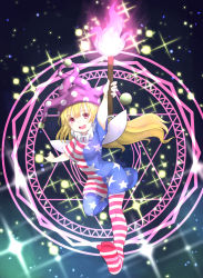Rule 34 | 1girl, american flag dress, american flag legwear, blonde hair, blush, clownpiece, dress, fairy, fairy wings, full body, hat, highres, holding, holding torch, jester cap, long hair, matsuhisa (ryo-tsuda1), open mouth, pantyhose, polka dot, purple hat, red eyes, smile, solo, star (symbol), star print, striped clothes, striped dress, striped pantyhose, teeth, torch, touhou, upper teeth only, vertical-striped clothes, vertical-striped dress, vertical-striped pantyhose, wings