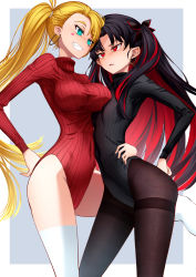 Rule 34 | asymmetrical docking, black hair, black legwear, black leotard, blonde hair, blush, breast press, breasts, calamity jane (fate), cluseller, covered navel, earrings, facial tattoo, fate/grand order, fate (series), fingerless gloves, glaring, gloves, green eyes, grin, hand on own hip, heattech leotard, highleg, highleg leotard, highres, hoop earrings, horns, ishtar (fate), jewelry, large breasts, leotard, long hair, long sleeves, multicolored hair, multiple girls, navel, open mouth, pantyhose, parted bangs, red eyes, red hair, red leotard, ribbed leotard, ribbon, side ponytail, smile, space ishtar (fate), space ishtar (second ascension) (fate), star tattoo, sweater, tattoo, thighband pantyhose, thighhighs, thighs, turtleneck, turtleneck sweater, two-tone hair, two side up, very long hair, white legwear