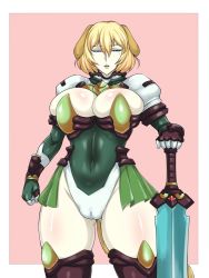 Rule 34 | 1girl, animal ears, armor, black beat, blonde hair, blue eyes, bodysuit, breast rest, breast suppress, breasts, cameltoe, character request, cleft of venus, gloves, hip focus, holding, huge breasts, leotard, mole, navel, pale skin, short hair, solo, standing, sword, thick thighs, thighs, tight clothes, weapon, wide hips