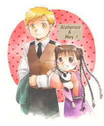 Rule 34 | 1boy, 1girl, :d, age difference, alphonse elric, animal, animal on shoulder, black eyes, black hair, black neckwear, black pants, blonde hair, blush, braid, brown vest, character name, chinese clothes, circle, clenched hand, closed mouth, coat, collared shirt, color ink (medium), cropped legs, double bun, dress shirt, eyelashes, fullmetal alchemist, hair bobbles, hair ornament, hands on another&#039;s arm, happy, height difference, high collar, holding, holding clothes, holding coat, long sleeves, looking at another, looking down, looking up, may chang, multiple braids, necktie, nib pen (medium), open mouth, panda, pants, pink background, polka dot, polka dot background, shirt, side-by-side, simple background, smile, standing, tareme, traditional media, uho (uhoponta), vest, waistcoat, white background, wide-eyed, wide sleeves, xiao-mei, yellow eyes