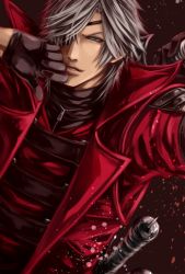 Rule 34 | 1boy, bad id, bad pixiv id, black gloves, blue eyes, coat, cosplay, dante (devil may cry), dante (devil may cry) (cosplay), date masamune (sengoku basara), devil may cry (series), eyepatch, futanoha-pocomark, gloves, grey hair, holding, holding sword, holding weapon, male focus, medium hair, multiple swords, parted lips, red coat, sengoku basara, solo, sword, upper body, weapon, white hair, zipper, zipper pull tab