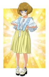 Rule 34 | 1girl, blue eyes, blush, brown hair, closed mouth, commentary request, full body, glasses, highres, ichinose minori, kousuke0912, precure, shoes, short hair, skirt, socks, solo, standing, tropical-rouge! precure, yellow footwear, yellow skirt
