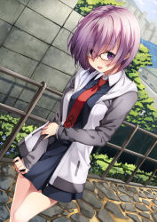Rule 34 | 1girl, black-framed eyewear, black dress, blush, day, dress, dutch angle, fate/grand order, fate (series), glasses, hair over one eye, highres, hood, hoodie, looking at viewer, mash kyrielight, necktie, no legwear, open clothes, open hoodie, open mouth, outdoors, path, purple eyes, purple hair, railing, red necktie, road, short hair, smile, solo, standing, thighs, unasaka ryou