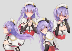 Rule 34 | 1girl, aiguillette, ajax (azur lane), azur lane, beret, blush, bow, braid, breasts, capelet, closed eyes, crying, crying with eyes open, detached sleeves, grey background, hand up, hands up, hat, highres, long hair, long sleeves, looking at viewer, multiple views, open mouth, osisio, purple hair, red eyes, retrofit (azur lane), rubbing eyes, simple background, small breasts, tearing up, tears, two side up, white headwear