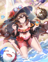 Rule 34 | 1boy, 2girls, :o, :|, alternate costume, ball, barefoot, beach, bead bracelet, beads, bikini, black hair, blush, bracelet, breasts, brooch, brown hair, burnt green tea, claw pose, cleavage, closed mouth, colored tips, cup, day, earrings, eyeliner, eyeshadow, flower, flower-shaped pupils, full body, genshin impact, glint, gradient hair, grin, hair between eyes, hat, hat flower, highres, hu tao (genshin impact), jewelry, jiangshi, long hair, looking at viewer, lying, makeup, medium breasts, multicolored hair, multiple girls, multiple rings, nail polish, navel, necklace, ocean, ofuda, on back, open mouth, outdoors, outstretched arms, purple eyes, purple hair, qiqi (genshin impact), red eyes, red eyeshadow, red flower, red nails, ring, sand, seiza, shadow, shell, single earring, sitting, smile, star-shaped pupils, star (symbol), starfish, sun hat, sunglasses, sunlight, swimsuit, symbol-shaped pupils, tassel, tassel earrings, teeth, thighs, twintails, water, wide sleeves, zhongli (genshin impact)