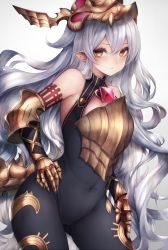 Rule 34 | 1girl, bare shoulders, bodysuit, brown eyes, closed mouth, covered navel, elbow gloves, gauntlets, gloves, granblue fantasy, hair between eyes, hand on own hip, has bad revision, has downscaled revision, headpiece, long hair, looking at viewer, md5 mismatch, medusa (shingeki no bahamut), pointy ears, resolution mismatch, shingeki no bahamut, silver hair, simple background, snm (sunimi), solo, source smaller, tail, very long hair