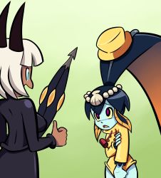 Rule 34 | 2girls, animal ears, blue eyes, blue skin, closed umbrella, colored sclera, colored skin, commentary, cosplay, drawstring, eye contact, female focus, fish girl, frown, gradient background, green background, hat, highres, josue pereira, krieg (skullgirls), looking at another, minette (skullgirls), ms. fortune (skullgirls), multiple girls, open mouth, parasoul (skullgirls), parasoul (skullgirls) (cosplay), pink eyes, revision, seashell, shell, skullgirls, smile, thumbs up, umbrella, umbrella (skullgirls), umbrella (skullgirls) (cosplay), white hair, yellow sclera