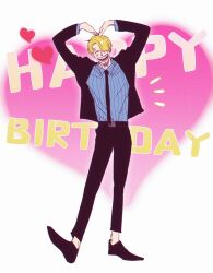 Rule 34 | 1boy, black footwear, black suit, blonde hair, blue shirt, closed eyes, facial hair, formal, full body, hair over one eye, happy birthday, heart, heart arms, highres, male focus, one piece, open mouth, sanji (one piece), shirt, short hair, smile, solo, standing, striped clothes, striped shirt, suit, sweetdou3, white background