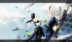 Rule 34 | 1boy, 1girl, backless dress, backless outfit, bird, blindfold, blue sky, breasts, building, choker, cloud, commentary request, copyright name, day, dress, feather-trimmed sleeves, gloves, hair between eyes, hami (lvct), juliet sleeves, katana, long sleeves, mole, mole under mouth, nier (series), nier:automata, open mouth, outdoors, pod (nier:automata), puffy sleeves, short hair, sky, smile, sword, text focus, tree, weapon, white hair, 2b (nier:automata), 9s (nier:automata)