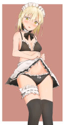 Rule 34 | absurdres, alternate costume, artoria pendragon (all), artoria pendragon (alter swimsuit rider) (fate), artoria pendragon (alter swimsuit rider) (second ascension) (fate), artoria pendragon (fate), bikini, black legwear, black panties, blonde hair, blush, border, bow, bow panties, breasts, choker, cleavage, clothes lift, enmaided, fate (series), garter straps, groin, highres, lace, lace-trimmed garter belt, lace-trimmed panties, lace choker, lace trim, legs together, lifting own clothes, looking at viewer, maid, maid bikini, maid headdress, natsuki (mclarenmiz), navel, outside border, panties, saber alter, sketch, skirt, skirt lift, small breasts, swimsuit, thighhighs, unconventional maid, underwear, white border