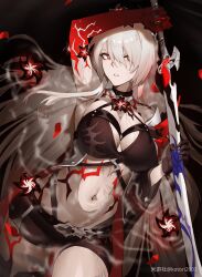 Rule 34 | 1girl, absurdres, acheron (honkai: star rail), arm up, armpits, black background, black shorts, breasts, cleavage, commentary request, cowboy shot, crop top, grey hair, highres, holding, holding sword, holding weapon, honkai: star rail, honkai (series), katana, kotori2003, large breasts, looking at viewer, midriff, navel, official alternate color, parted lips, red eyes, scabbard, sheath, short shorts, shorts, solo, standing, stomach, sword, unsheathing, weapon