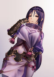Rule 34 | 1girl, arm guards, black gloves, blush, bodysuit, breasts, closed mouth, covered navel, fate/grand order, fate (series), fingerless gloves, gloves, hair between eyes, high collar, highres, large breasts, long hair, looking at viewer, minamoto no raikou (fate), parted bangs, pelvic curtain, purple bodysuit, purple eyes, purple hair, ribbed sleeves, rope, shoron, solo, tabard, tassel, very long hair