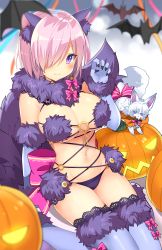 Rule 34 | 1girl, animal ears, bat (animal), blue gloves, blue thighhighs, blush, bow, breasts, claws, closed mouth, elbow gloves, fate/grand order, fate (series), fou (fate), fur-trimmed gloves, fur-trimmed legwear, fur collar, fur trim, gloves, hair over one eye, halloween costume, jack-o&#039;-lantern, kurot, large breasts, looking at viewer, mash kyrielight, mash kyrielight (dangerous beast), navel, o-ring, o-ring top, official alternate costume, pink bow, pink hair, pumpkin, purple eyes, revealing clothes, short hair, sitting, smile, striped, striped bow, tail, thighhighs, wolf ears, wolf tail