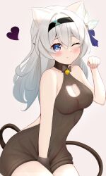 Rule 34 | 1girl, :q, absurdres, animal ears, arm between legs, bare shoulders, black hairband, black sweater, blue eyes, blue pupils, blush, bow, breasts, cat cutout, cat ears, cat girl, cat tail, cleavage, cleavage cutout, closed mouth, clothing cutout, collarbone, cowboy shot, firefly (honkai: star rail), hair between eyes, hair bow, hair intakes, hairband, heart, highres, honkai: star rail, honkai (series), kemonomimi mode, knosdeba, large breasts, long hair, looking at viewer, one eye closed, paw pose, pink eyes, ribbed sweater, sitting, sleeveless, sleeveless turtleneck, smile, solo, sweater, tail, thighs, tongue, tongue out, turtleneck, turtleneck sweater, two-tone eyes, white bow, white hair