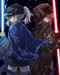 Rule 34 | 2girls, absurdres, artoria pendragon (fate), back-to-back, baseball cap, beam saber, black cape, black gloves, black headwear, black legwear, black shorts, blue eyes, blue jacket, cape, closed mouth, fate/grand order, fate (series), gloves, hair between eyes, hat, high ponytail, highres, hood, hood up, hooded, jacket, long hair, long sleeves, looking at viewer, multiple girls, mysterious heroine x (fate), mysterious heroine x alter (fate), mysterious heroine x alter (third ascension) (fate), nayu tundora, ocean, open clothes, open jacket, red eyes, short shorts, shorts, silver hair, standing, thighhighs