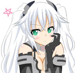 Rule 34 | 1girl, bare shoulders, black heart (neptunia), blush, breasts, cleavage, crawford, gloves, green eyes, long hair, looking at viewer, medium breasts, neptune (series), noire (neptunia), solo, symbol-shaped pupils, twintails, upper body, white hair