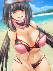 Rule 34 | 1girl, bare shoulders, beach, bikini, black hair, blue sky, blunt bangs, blush, breasts, cleavage, day, fate/grand order, fate (series), goggles, goggles on head, large breasts, long hair, looking at viewer, maki (seventh heaven maxion), navel, ocean, open mouth, osakabehime (fate), osakabehime (swimsuit archer) (fate), osakabehime (swimsuit archer) (second ascension) (fate), pink bikini, pink scarf, purple eyes, scarf, ski goggles, sky, smile, solo, swimsuit, twintails, very long hair, wavy mouth