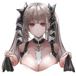 Rule 34 | 1girl, azur lane, bad id, bad pixiv id, blush, breasts, cleavage, clothes lift, collarbone, detached collar, dress, dress lift, formidable (azur lane), hair ribbon, highres, large breasts, long hair, looking at viewer, red eyes, ribbon, silver hair, simple background, smile, solo, suru (ksoo420), tress ribbon, twintails, upper body, white background