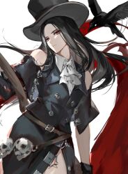 Rule 34 | 1other, androgynous, ascot, bare shoulders, bird, black hair, black hat, blood, crow, guilty gear, guilty gear strive, hat, hou (ppo), long hair, looking at viewer, other focus, red eyes, scythe, testament (guilty gear), top hat, white ascot