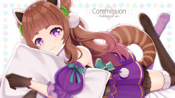 Rule 34 | 1girl, animal ears, asymmetrical legwear, bad id, bad pixiv id, black gloves, black thighhighs, blue bow, blush, bow, brown hair, character request, closed mouth, club (shape), commentary request, commission, detached sleeves, diamond (shape), double bun, dress, feet, fur-trimmed legwear, fur trim, gloves, hair bun, heart, hitsuki rei, indie virtual youtuber, long hair, looking at viewer, lying, mismatched legwear, no shoes, hugging object, on stomach, pillow, pillow hug, pleated dress, puffy short sleeves, puffy sleeves, purple dress, purple eyes, purple sleeves, purple thighhighs, raccoon ears, raccoon girl, raccoon tail, short eyebrows, short sleeves, simple background, sleeveless, sleeveless dress, smile, soles, solo, spade (shape), striped tail, tail, thick eyebrows, thighhighs, very long hair, virtual youtuber, white background