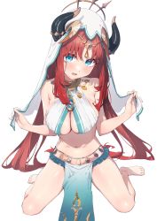 Rule 34 | 1girl, absurdres, aqua eyes, bare legs, bare shoulders, barefoot, blush, breasts, brooch, cleavage, commentary request, feet, forehead jewel, genshin impact, harem outfit, highres, holding, horns, invisible floor, jewelry, large breasts, long hair, low twintails, navel, neck ring, nilou (genshin impact), open mouth, paid reward available, parted lips, pelvic curtain, raised eyebrows, red hair, revealing clothes, sidelocks, simple background, sitting, skirt, sleeveless, solo, stomach, thighs, toes, twintails, veil, wariza, white background, xkirara39x