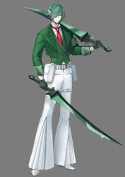 Rule 34 | 1boy, ahoge, aqua hair, armband, bell-bottoms, belt, buttons, closed mouth, collared shirt, creatures (company), cropped jacket, dual wielding, full body, gallade, game freak, gen 4 pokemon, glint, green hair, green jacket, green vest, grey background, hair over one eye, hand up, happy, highres, holding, holding sword, holding weapon, humanization, jacket, long sleeves, looking to the side, male focus, merlusa, multicolored hair, necktie, nintendo, one eye covered, open clothes, open jacket, over shoulder, pale skin, pants, pokemon, pouch, red eyes, red necktie, shirt, shoes, short hair, sidelocks, simple background, smile, solo, standing, swept bangs, sword, thigh strap, two-tone hair, vest, weapon, weapon over shoulder, white footwear, white pants, white shirt, zipper pull tab