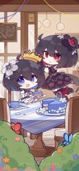 Rule 34 | 2girls, :d, ahoge, birthday, black hair, bug, butterfly, cake, cake slice, chibi, closed mouth, crown, dual persona, english text, flower, food, hair between eyes, hair flower, hair ornament, highres, honkai (series), honkai impact 3rd, indoors, insect, multiple girls, official art, official wallpaper, open mouth, seele (alter ego), seele vollerei, seele vollerei (stygian nymph), sitting, smile