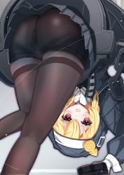 Rule 34 | 1boy, alternate color, androgyne symbol, ass, bent over, bike shorts under skirt, blonde hair, blush, bridget (guilty gear), brown pantyhose, cuffs, drawstring, eyelashes, from behind, from below, gloves, grey background, guilty gear, guilty gear strive, habit, handcuffs, highres, hood, hoodie, leaning forward, looking at viewer, looking back, medium hair, open mouth, pantyhose, pleated skirt, red eyes, sarla, shiny clothes, shiny skin, sidelocks, simple background, skirt, solo, trap, white gloves, wrist cuffs, yo-yo