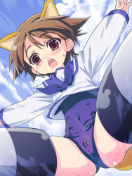 Rule 34 | 00s, 1girl, animal ears, bad id, bad pixiv id, blush, brown eyes, brown hair, day, miyafuji yoshika, no pants, one-piece swimsuit, osa (osaosa), purple one-piece swimsuit, purple school swimsuit, school swimsuit, school uniform, serafuku, short hair, solo, strike witches, swimsuit, swimsuit under clothes, world witches series