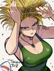 Rule 34 | 1girl, arm tattoo, big hair, blonde hair, blouse, blue eyes, breasts, brushing hair, brushing own hair, cleavage, closed mouth, comb, genderswap, genderswap (mtf), green shirt, guile, highres, jewelry, large breasts, mole, mole under eye, necklace, serious, shadow, shark, shiny clothes, shirt, sleeveless, sleeveless shirt, solo, street fighter, takumi watanuki, tattoo