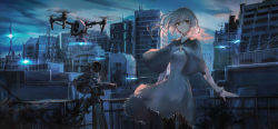 Rule 34 | 1girl, black pantyhose, blue dress, camera, capelet, city, closed mouth, day, dress, drone, floating hair, grey hair, hair between eyes, highres, lights, long sleeves, looking at viewer, original, outdoors, pantyhose, railing, scenery, smile, solo, standing, swav