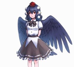 Rule 34 | 1girl, arms behind back, bare legs, black bow, black bowtie, black hair, black skirt, black wings, bow, bowtie, breasts, buttons, channel ikihaji, closed mouth, collared shirt, expressionless, feathered wings, frilled skirt, frills, hair between eyes, hat, looking at viewer, pointy ears, pom pom (clothes), puffy short sleeves, puffy sleeves, red eyes, red hat, shameimaru aya, shirt, shirt tucked in, short sleeves, sidelocks, simple background, skirt, small breasts, solo, standing, tokin hat, touhou, white background, white shirt, wings