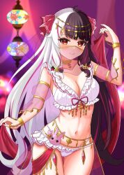Rule 34 | 1girl, black hair, breasts, cleavage, emobico, gold choker, gold trim, hair ornament, harem outfit, highres, large breasts, long hair, mouth veil, multicolored hair, navel, nijisanji, pink hair, pink nails, rabbit hair ornament, red eyes, smile, solo, streaked hair, two-tone hair, veil, virtual youtuber, white hair, yorumi rena, yorumi rena (7th costume)