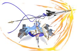 Rule 34 | 1girl, arm up, armored boots, artillery, azur lane, blue dress, blue eyes, blue hair, blue ribbon, boots, dress, full body, hair over one eye, highres, holding, holding polearm, holding shield, holding weapon, knee boots, long hair, looking at viewer, maille-breze (azur lane), mechanical ears, multicolored hair, polearm, ribbon, rigging, shield, short dress, simple background, solo, spear, standing, standing on one leg, streaked hair, turret, two-tone hair, waa! okami, weapon, white background, white dress, white footwear, white hair