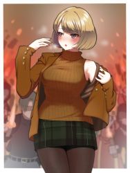 Rule 34 | 1boy, 1girl, 2others, ashley graham, black pantyhose, blonde hair, blue eyes, bob cut, curtained hair, fanning face, fanning self, green skirt, highres, hot, leon s. kennedy, multiple others, open mouth, orange shirt, orange sweater, pantyhose, resident evil, resident evil 4, shirt, skirt, sleeveless, sleeveless turtleneck, standing, sweat, sweater, turtleneck, yoruniyoruyoshi