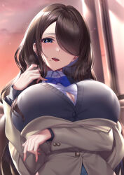 Rule 34 | 1girl, arm under breasts, black cardigan, black hair, blue eyes, blush, breasts, brown jacket, bursting breasts, cardigan, cleavage, collared shirt, commentary request, evening, fingernails, hair over one eye, highres, jacket, ken ill, large breasts, long bangs, long fingernails, long hair, looking at viewer, mole, mole under mouth, open mouth, original, school uniform, shirt, sky, smile, solo, teeth, upper body, upper teeth only, white shirt, window