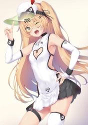 Rule 34 | 1girl, absurdres, arm up, azur lane, bache (azur lane), bache (showy sports star) (azur lane), bare shoulders, blonde hair, blush, breasts, clothing cutout, detached sleeves, dress, elbow gloves, fang, gloves, gradient background, green-tinted eyewear, green-tinted glasses, hand on own hip, heart cutout, highres, long hair, looking at viewer, nakazawa aki, one eye closed, open mouth, purple eyes, single thighhigh, small breasts, smile, solo, sportswear, sunglasses, tennis dress, tennis uniform, thigh strap, thighhighs, tinted eyewear, twintails, two side up, very long hair, visor cap, white dress, white gloves, white thighhighs