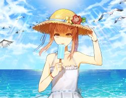 Rule 34 | 1girl, animal, bird, blonde hair, blue sky, bracelet, cloud, day, dress, flower, food, hair ornament, hairclip, hand on headwear, hat, horizon, jewelry, kim eb, long hair, looking at viewer, ocean, original, outdoors, popsicle, seagull, sky, solo, straw hat, tongue, tongue out, yellow eyes