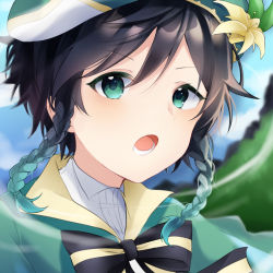 Rule 34 | 1boy, androgynous, beret, black hair, blue hair, blurry, blurry background, bow, braid, cape, collared cape, collared shirt, commentary request, flower, genshin impact, gradient hair, green eyes, hat, hat flower, highres, kashiwagi yuzu@ruruka kyoto, leaf, looking at viewer, male focus, multicolored hair, open mouth, shirt, short hair with long locks, solo, twin braids, venti (genshin impact), white flower, white shirt, wind