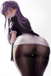 Rule 34 | 1girl, absurdres, alternate hairstyle, ass, black shirt, blush, cameltoe, embarrassed, from behind, glasses, green eyes, highres, holding, leaning forward, link! like! love live!, long hair, looking at viewer, looking back, love live!, official alternate costume, open mouth, otomune kozue, panties, panties under pantyhose, pantyhose, purple hair, semi-rimless eyewear, shirt, skirt, solo, teacher, thigh gap, tight clothes, underwear, white background, white skirt, zanpon