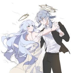 Rule 34 | 1boy, 1girl, bare shoulders, brother and sister, closed mouth, dress, earrings, formal, gloves, green eyes, grey hair, halo, head wings, highres, honkai: star rail, honkai (series), jewelry, literally1me, long hair, looking at another, robin (honkai: star rail), short hair, siblings, sleeveless, sleeveless dress, smile, suit, sunday (honkai: star rail), white background, white dress, white gloves, wings, yellow eyes