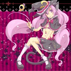 Rule 34 | 10s, 1girl, alternate costume, animal ears, bat (animal), cure happy, hair ornament, hat, hoshizora miyuki, jewelry, kasetsu, long hair, magical girl, moon, pink background, pink eyes, pink hair, precure, ribbon, shoes, skirt, smile precure!, socks, solo, star (symbol), tail, twintails, very long hair, witch, witch hat, wrist cuffs