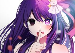 Rule 34 | 1girl, bare shoulders, before and after, blood, blood from mouth, blood on face, blush, commentary request, empty eyes, finger to mouth, hair ornament, highres, hoshino ai (oshi no ko), long hair, one side up, oshi no ko, purple eyes, purple hair, rabbit hair ornament, simple background, sparkle, spoilers, star-shaped pupils, star (symbol), symbol-shaped pupils, tako 8 yaki, tongue, tongue out