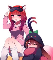 Rule 34 | 2girls, absurdres, animal ears, braid, cat ears, cat tail, full body, highres, holding, holding pillow, hood, kaenbyou rin, long hair, multiple girls, multiple tails, hugging object, one eye closed, pajamas, pillow, pillow hug, red eyes, red hair, reiuji utsuho, tail, touhou, transparent background, you (noanoamoemoe)