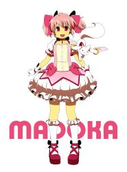 Rule 34 | 10s, 1girl, 24x24, :3, :d, bow, bubble skirt, character name, choker, dress, gloves, hair bow, highres, kaname madoka, kyubey, magical girl, mahou shoujo madoka magica, mahou shoujo madoka magica (anime), open mouth, pink eyes, pink hair, ribbon choker, simple background, skirt, smile, twintails, white background, white gloves
